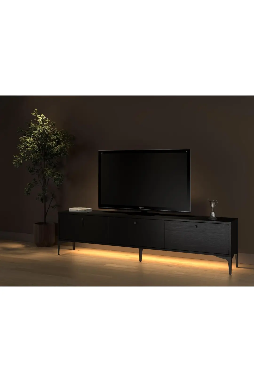 Venüs Led Işıklı Dolaplı Minifiksli 180 Cm Geniş Tv Ünitesi - Tv Sehpası - Wood Siyah